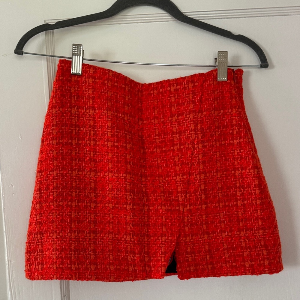 Zara Vibrant Red/Orange Textured Tweed Mini Skirt